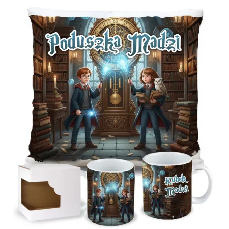 Magiczny zestaw prezentowy Poduszka i Kubek dla czarodzieja do szkoły magii